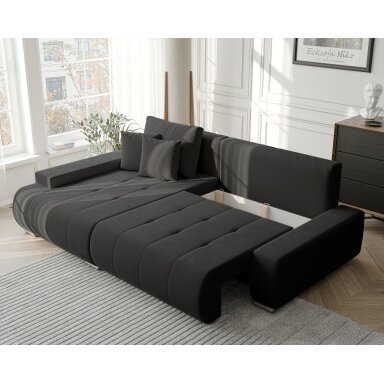 Minkštas kampinis sofa NIKO su miego funkcija ir daiktadėže Kampo pusė: Kairė, Spalvos: Monolith 95 (Tamsiai pilka)