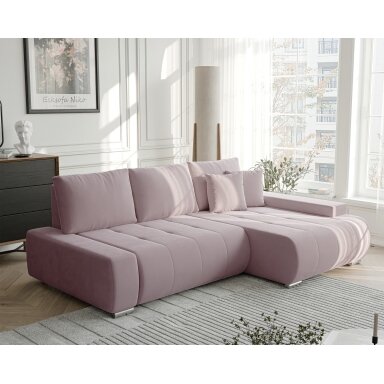 Minkštas kampinis sofa NIKO su miego funkcija ir daiktadėže Kampo pusė: dešinė, Spalvos: Monolith 62 (pudrinė rožinė)