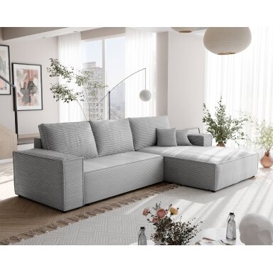 Minkštas kampinis fotelis NOVA su miegama funkcija ir daiktadėže Spalvos: Poso 110 (šviesiai pilka), kampo pusė: dešinė