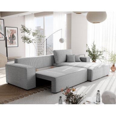 Minkštas kampinis fotelis NOVA su miegama funkcija ir daiktadėže Spalvos: Poso 110 (šviesiai pilka), kampo pusė: dešinė