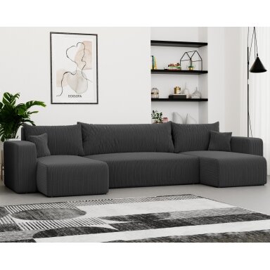 Minkštas kampinis sofa PIANO U su miego funkcija ir patalynės dėže Spalvos: Poso 34 (Tamsiai pilka)