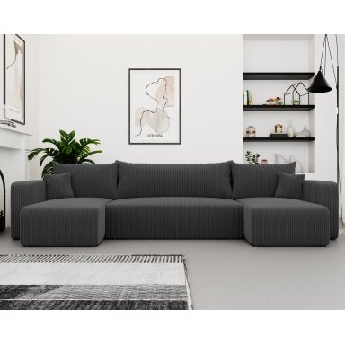 Minkštas kampinis sofa PIANO U su miego funkcija ir patalynės dėže Spalvos: Poso 34 (Tamsiai pilka)