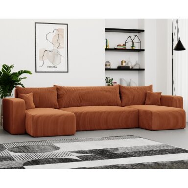 Minkštas kampinis sofa PIANO U su miego funkcija ir patalynės dėže Spalvos: Poso 40 (Oranžinė)