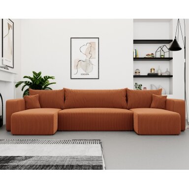 Minkštas kampinis sofa PIANO U su miego funkcija ir patalynės dėže Spalvos: Poso 40 (Oranžinė)