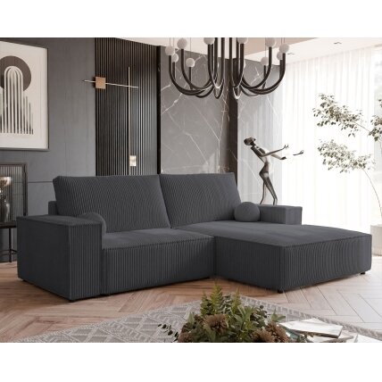 Minkštas kampinis sofa HUGO su miego funkcija ir patalynės dėže Spalva: Poso 34 (Tamsiai pilka), Kampo pusė: Dešinė Minkštas kampinis sofa HUGO su miego funkcija ir patalynės dėže Spalva: Poso 34 (Tamsiai pilka), Kampo pusė: Dešinė