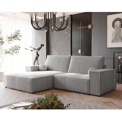 Minkštas kampinis sofa HUGO su miego funkcija ir patalynės dėže Spalva: Poso 110 (šviesiai pilka), Kampo pusė: Kairė