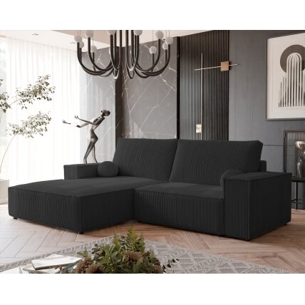 Minkštas kampinis sofa HUGO su miego funkcija ir patalynės dėže Spalva: Poso 135 (Antracitas), Kampo pusė: Kairė