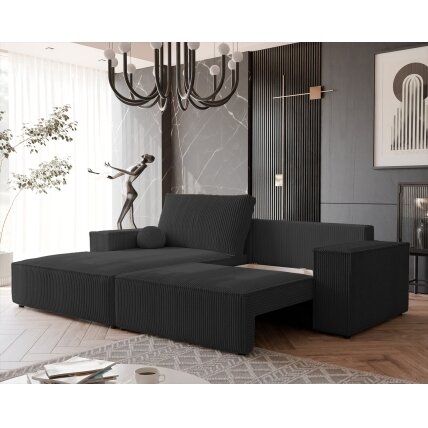Minkštas kampinis sofa HUGO su miego funkcija ir patalynės dėže Spalva: Poso 135 (Antracitas), Kampo pusė: Kairė 1