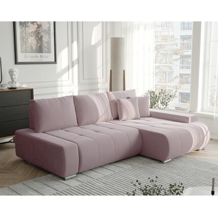 Minkštas kampinis sofa NIKO su miego funkcija ir daiktadėže Kampo pusė: dešinė, Spalvos: Monolith 62 (pudrinė rožinė)