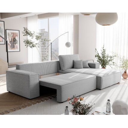 Minkštas kampinis fotelis NOVA su miegama funkcija ir daiktadėže Spalvos: Poso 110 (šviesiai pilka), kampo pusė: dešinė 1