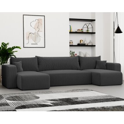 Minkštas kampinis sofa PIANO U su miego funkcija ir patalynės dėže Spalvos: Poso 34 (Tamsiai pilka)