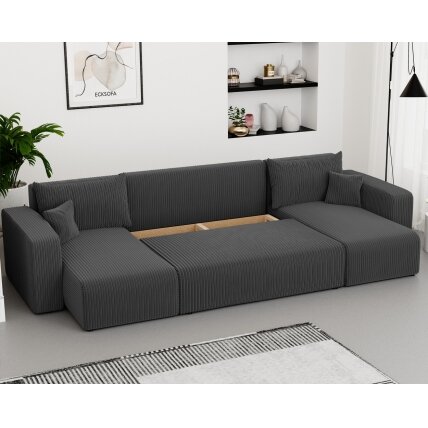 Minkštas kampinis sofa PIANO U su miego funkcija ir patalynės dėže Spalvos: Poso 34 (Tamsiai pilka) 2