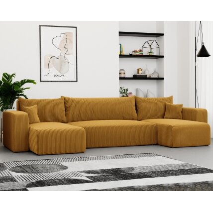 Minkštas kampinis sofa PIANO U su miego funkcija ir patalynės dėže Spalvos: Poso 01 (geltona)