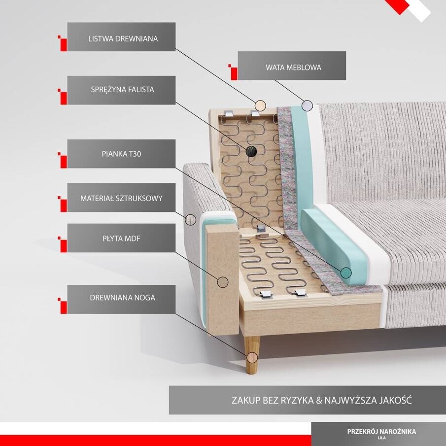 Minkštas kampinis sofa LILA ant aukštų kojelių su miego funkcija Spalvos: Poso 100 (Kreminė) 8 Minkštas kampinis sofa LILA ant aukštų kojelių su miego funkcija Spalvos: Poso 100 (Kreminė) 8