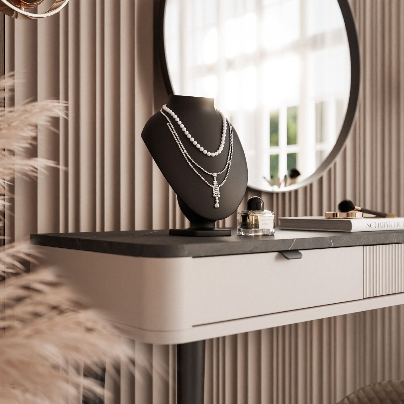 Konsolinis tualetinis staliukas NAVANI 130 cm su stalčiais Spalvos: kašmyras + pilkas akmuo 6