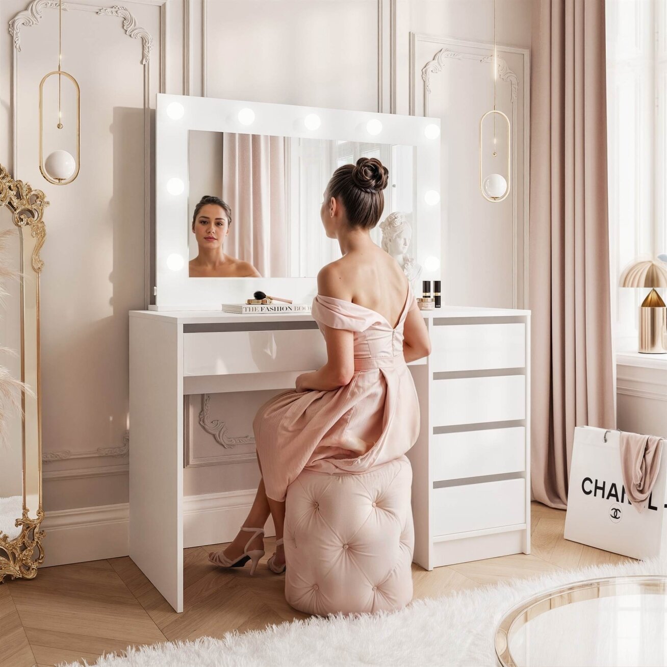 Kosmetinis tualetinis staliukas BELLA II su veidrodžiu ir LED apšvietimu Spalvos: Balta / balta blizgi 5