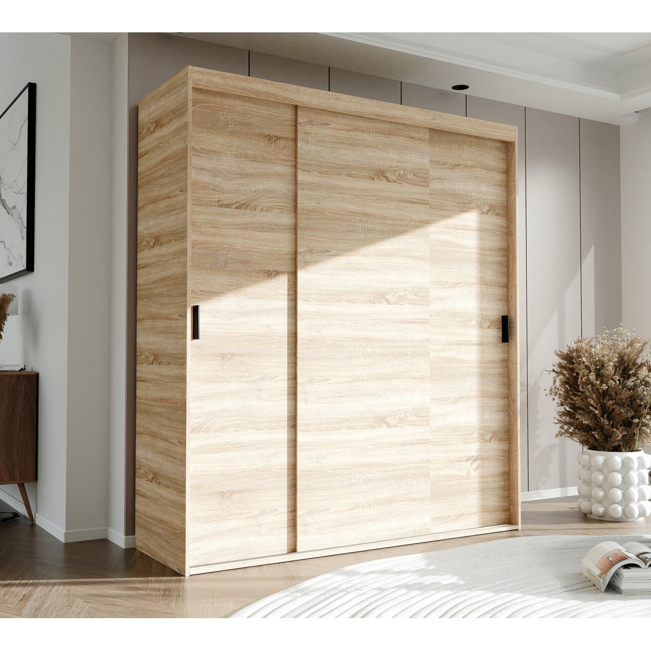 Trijų durų stumdomoji spinta STILO 180 cm su lentynomis ir drabužių skersiniais Pakraipos: Ąžuolas sonoma, Atidarymo sistema: Juodos rankenėlės