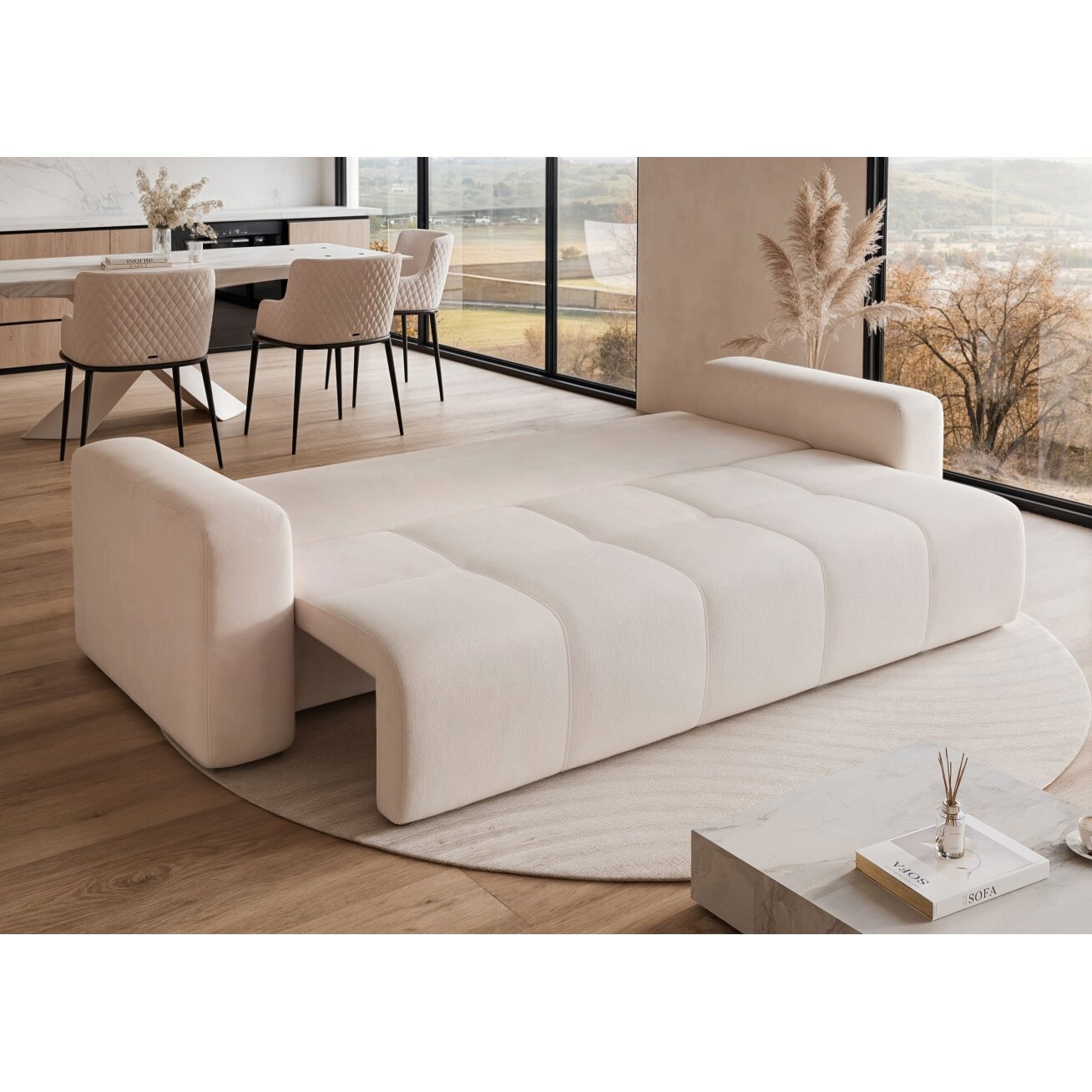 Trivietė išskleidžiama sofa PEDRO su patalynės dėže Spalvos: Manila 01 (Kreminė) 1 Trivietė išskleidžiama sofa PEDRO su patalynės dėže Spalvos: Manila 01 (Kreminė) 1