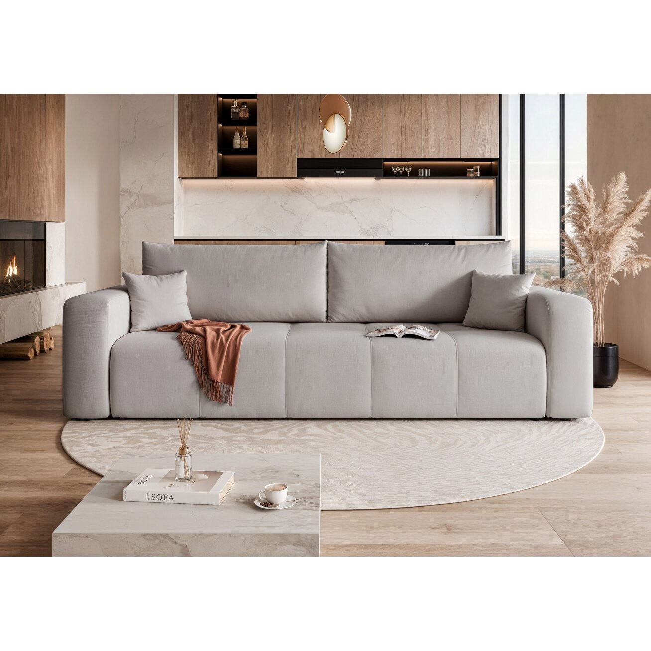 Trivietė išskleidžiama sofa PEDRO su patalynės dėže Spalvos: Manila 15 (šviesiai pilka)