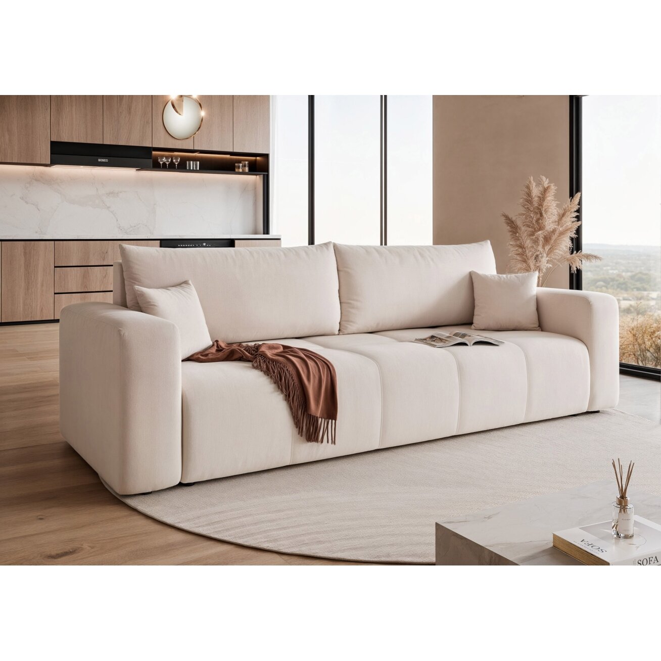 Trivietė išskleidžiama sofa PEDRO su patalynės dėže Spalvos: Manila 01 (Kreminė) 2 Trivietė išskleidžiama sofa PEDRO su patalynės dėže Spalvos: Manila 01 (Kreminė) 2