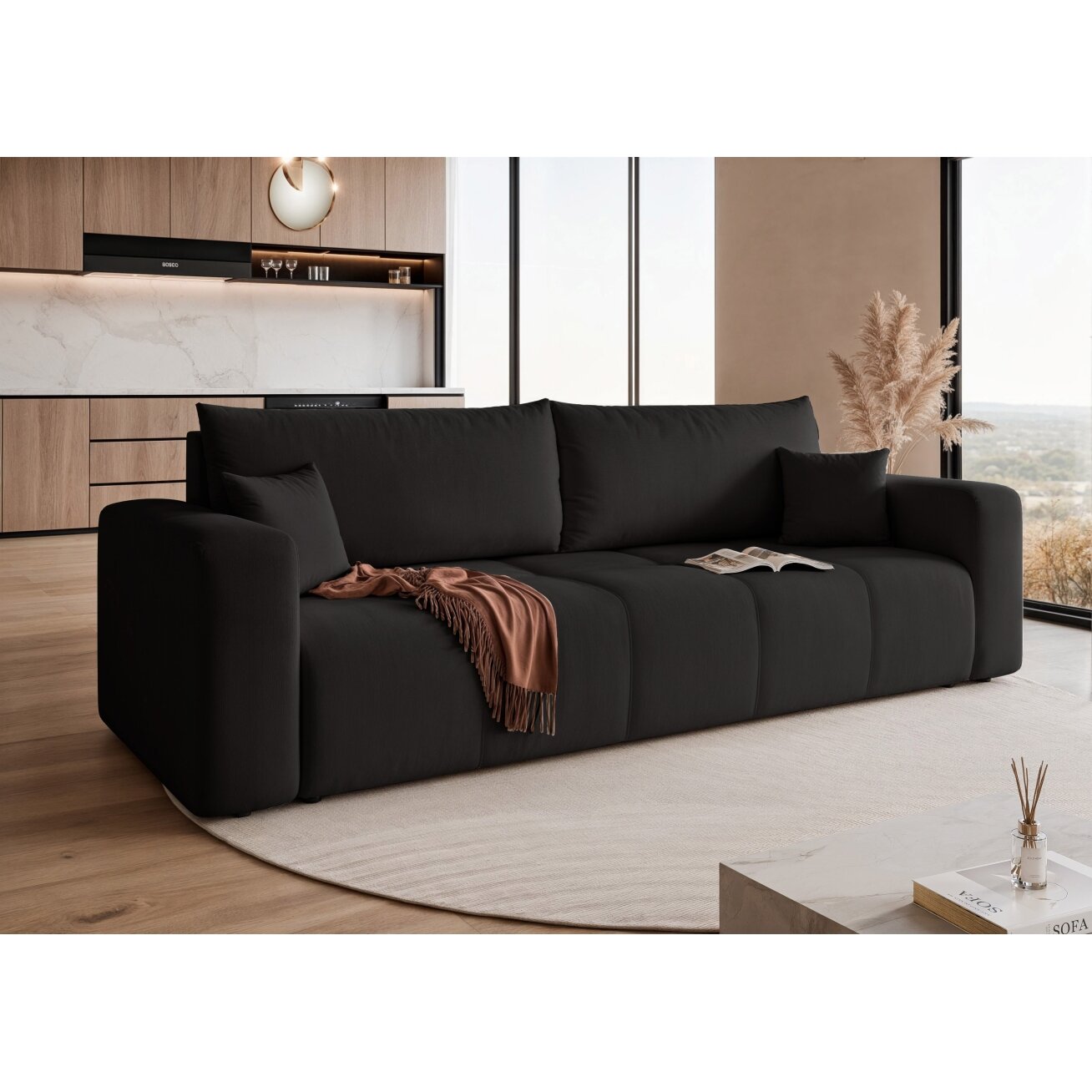 Trivietė išskleidžiama sofa PEDRO su patalynės dėže Spalvos: Manila 18 (Juoda) 2 Trivietė išskleidžiama sofa PEDRO su patalynės dėže Spalvos: Manila 18 (Juoda) 2