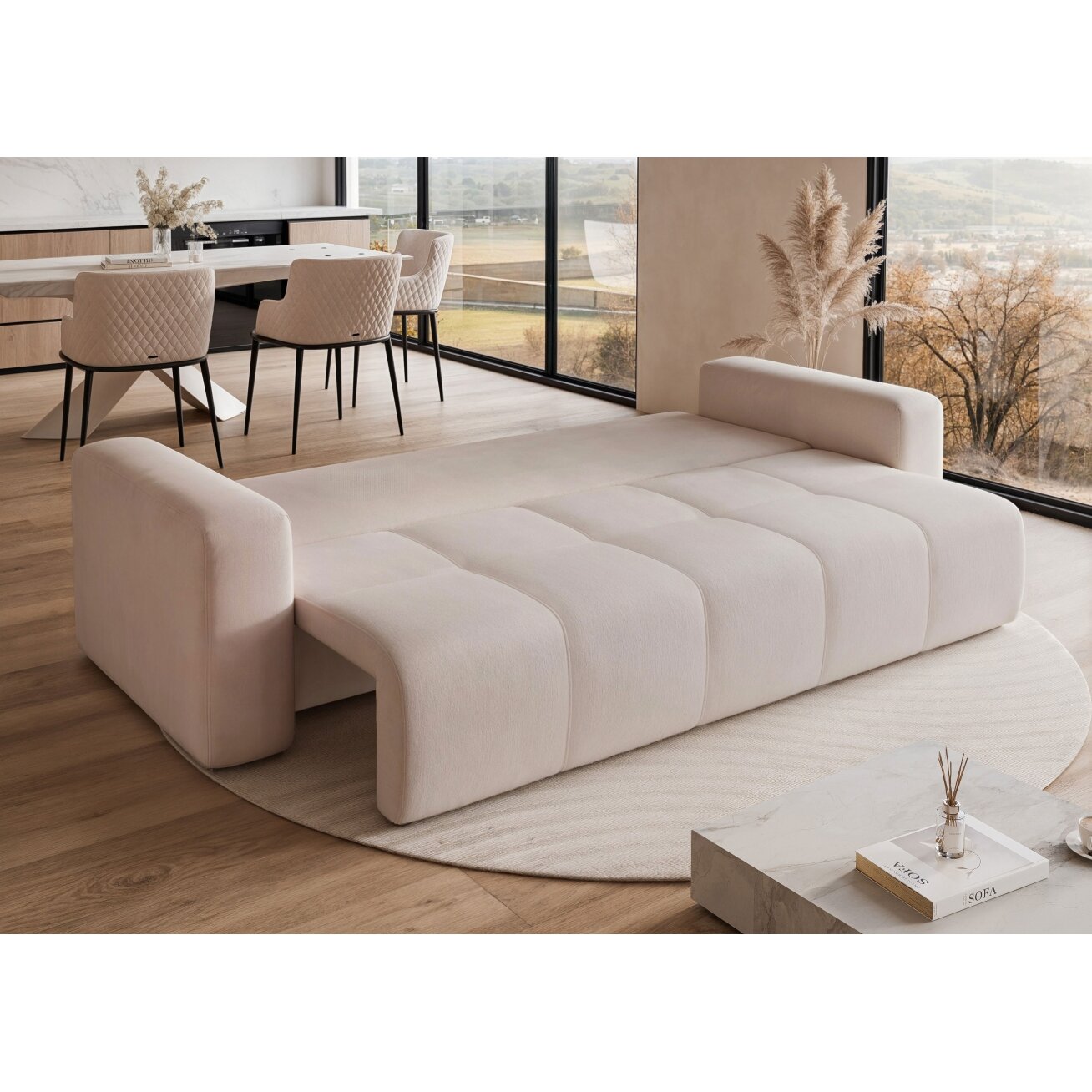 Trivietė išskleidžiama sofa PEDRO su patalynės dėže Spalva: Manila 02 (Smėlio) 1