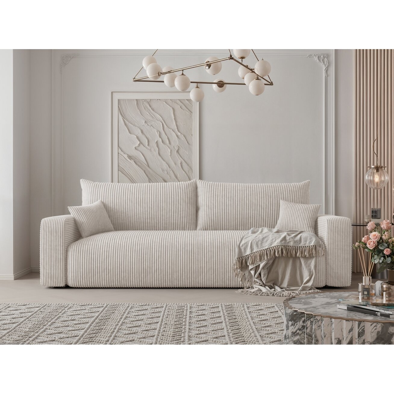 Trivietė sofa su miego funkcija PIANO Spalvos: Poso 100 (Kreminė)