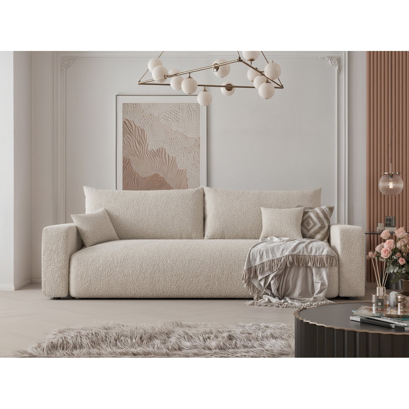 Trivietė sofa su miego funkcija PIANO Spalvos: Boucle C1 (Kreminė)