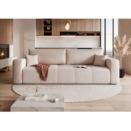Trivietė išskleidžiama sofa PEDRO su patalynės dėže Spalva: Manila 02 (Smėlio) Trivietė išskleidžiama sofa PEDRO su patalynės dėže Spalva: Manila 02 (Smėlio)