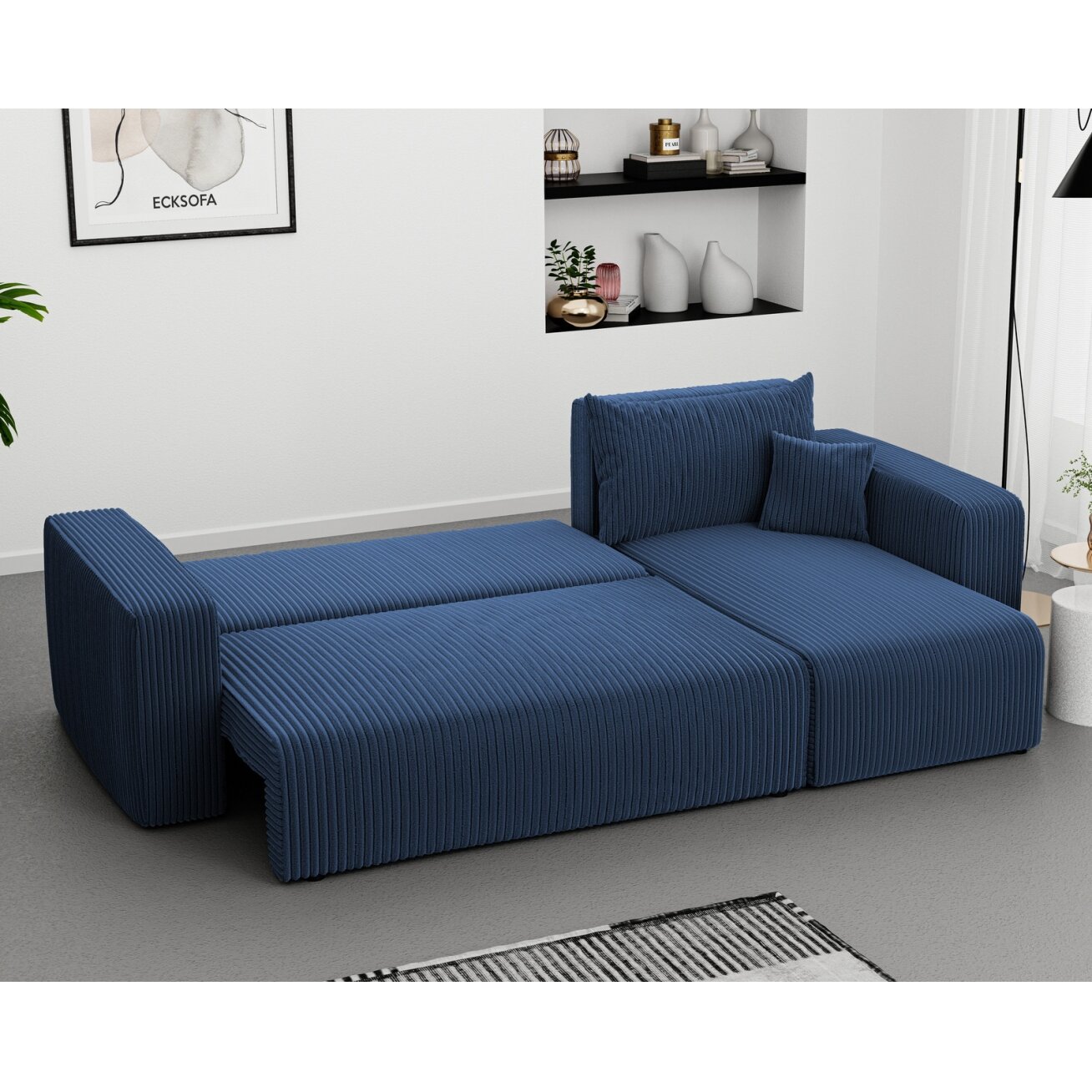 Universalus minkštas kampas PIANO su miego funkcija ir patalynės dėže Spalvos: Poso 05 (Tamsiai mėlyna) 2