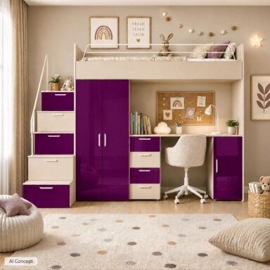 Vaikų kambario baldų komplektas RAJ 4 su lova, kašmyras / violetinis, blizgus