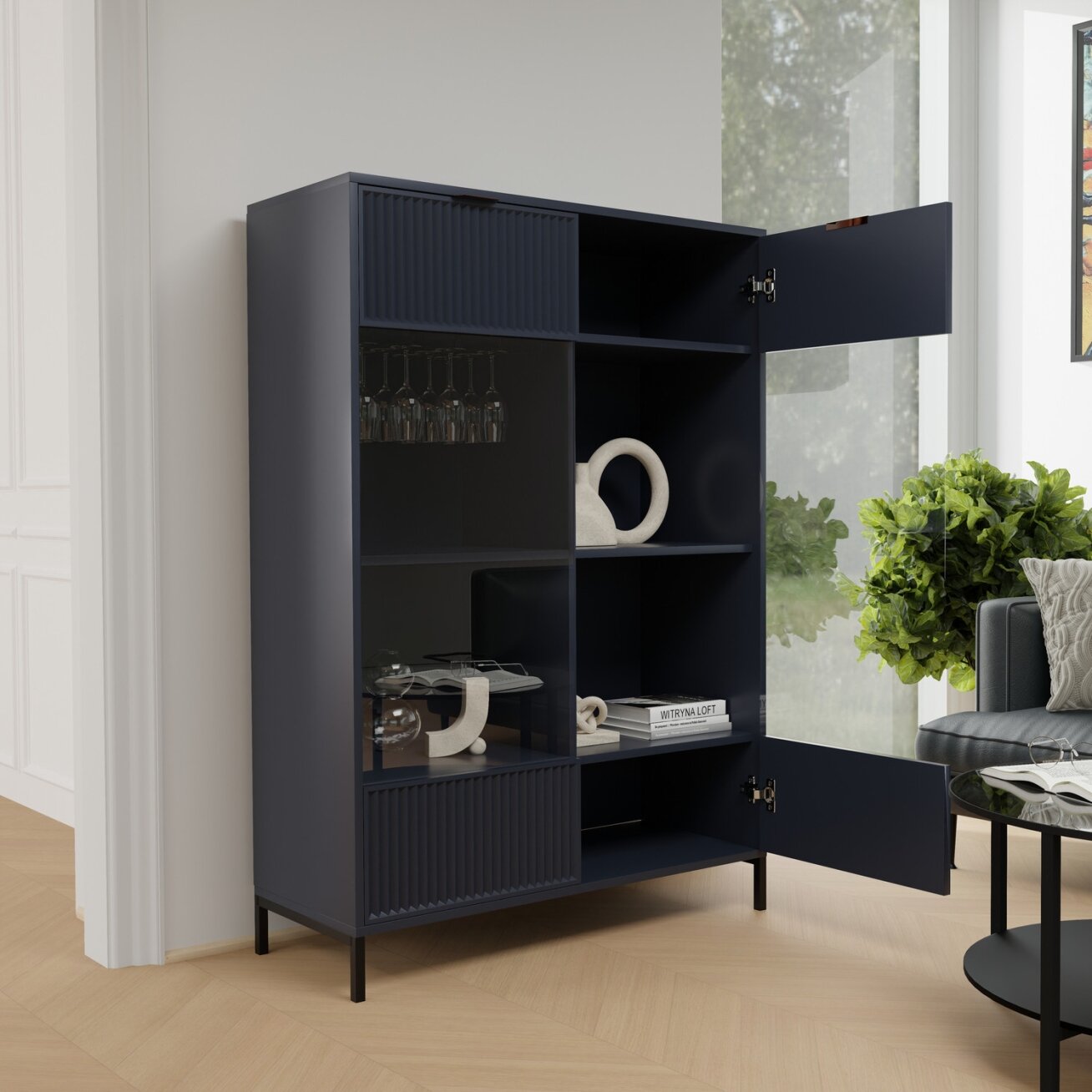 Plati vitrina WAVE 105 cm Spalva: Indigo (tamsiai mėlyna)