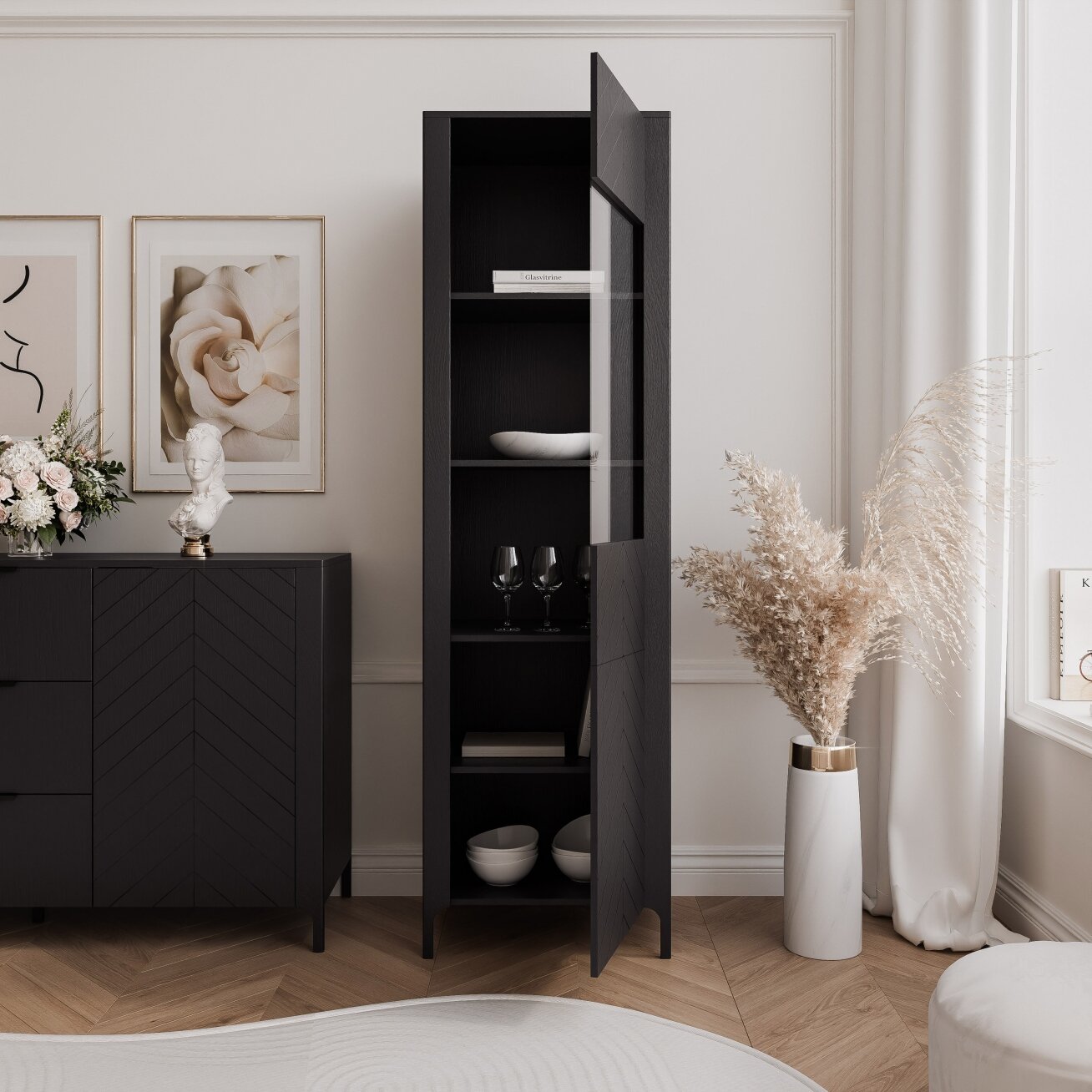 Aukšta siaura vitrina LORIEN 60 cm Spalvos: Juoda painflow 2