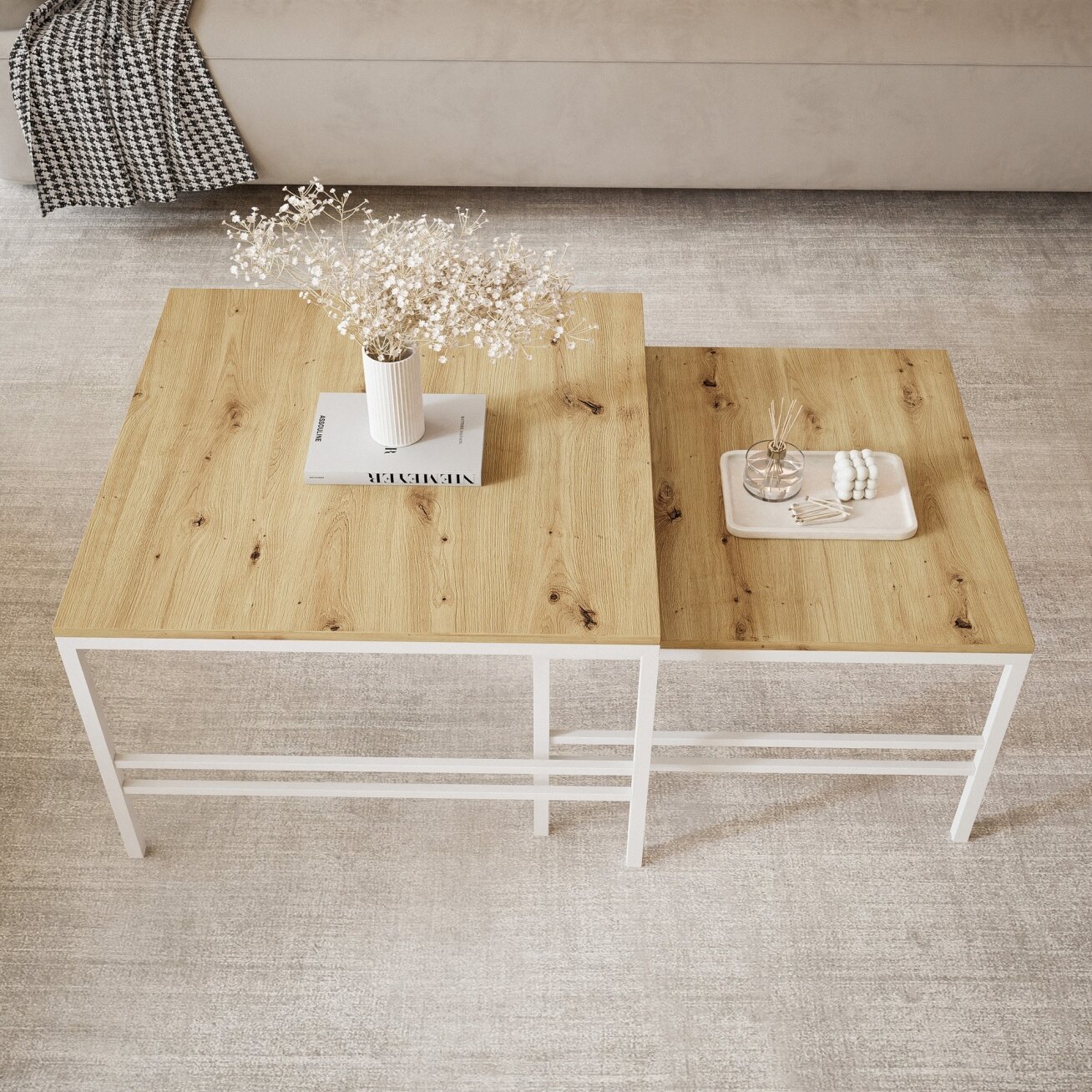 Dviejų kavos staliukų komplektas FORMA 2w1 Spalvos: Balta / ąžuolas artisan 3
