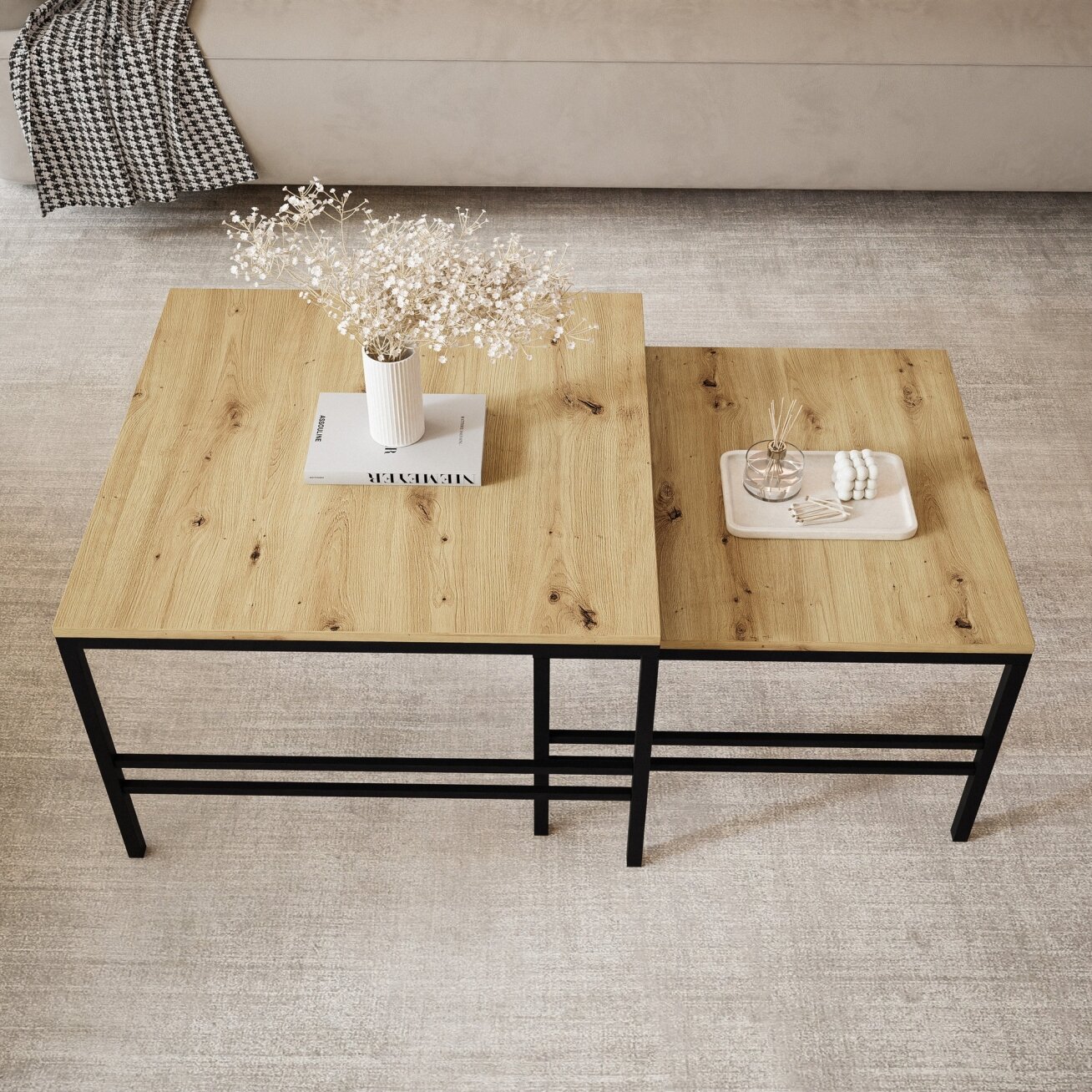 Dviejų kavos staliukų komplektas FORMA 2in1 Spalvos: Juoda / ąžuolas artisan 4